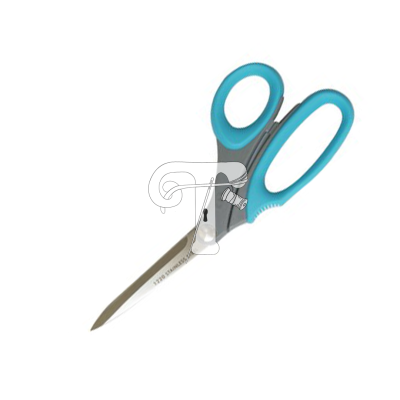 Tesoura com punhos azuis e lâminas metálicas com texto 3T20 STAINLESS STEEL.