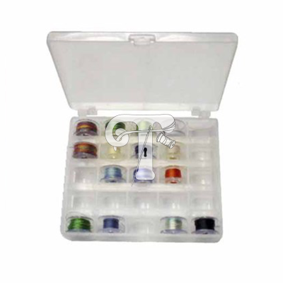 Estojo transparente com bobinas de linha coloridas organizadas