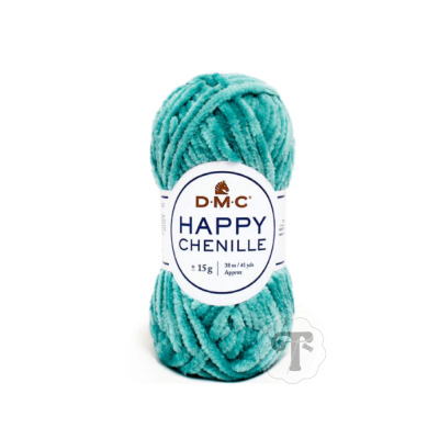 Novelo de fio chenille verde água com etiqueta DMC HAPPY CHENILLE