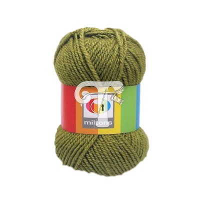 Novelo de lã verde-oliva com rótulo colorido e texto 'miltons'