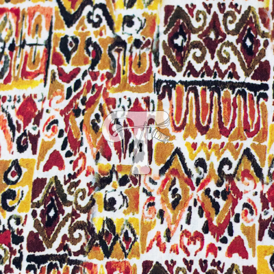 tecido com padrão geométrico tribal em vermelho, amarelo, preto e branco