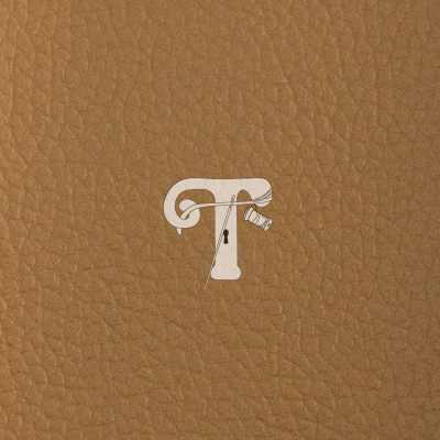 Logotipo com letra T, agulha e cone de linha sobre pele castanha texturada