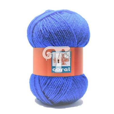 Novelo de lã azul com rótulo laranja e desenho de objetos de linha