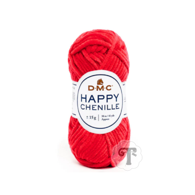 Novelo vermelho de fio DMC Happy Chenille com rótulo branco