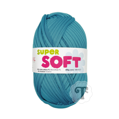 Novelo de fio azul turquesa com etiqueta SUPER SOFT