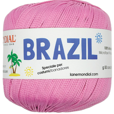 Rolo de fio rosa claro com etiqueta branca e texto BRAZIL da marca Mondial