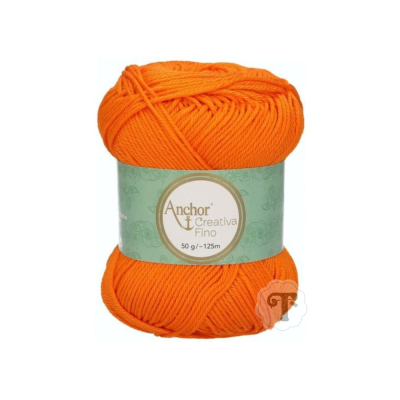 Novelo de fio laranja com etiqueta verde claro e texto âncora