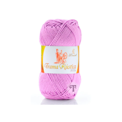 Novelo de fio rosa Trama Rústica com etiqueta branca e amarela