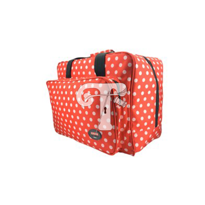 Mala cor de salmão com bolinhas brancas e bolso exterior