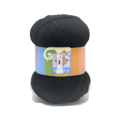 Novelo de lã preta com etiqueta colorida e texto 'baby'