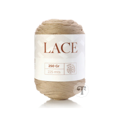 Bola de fio tipo renda bege claro com etiqueta branca e textos visíveis