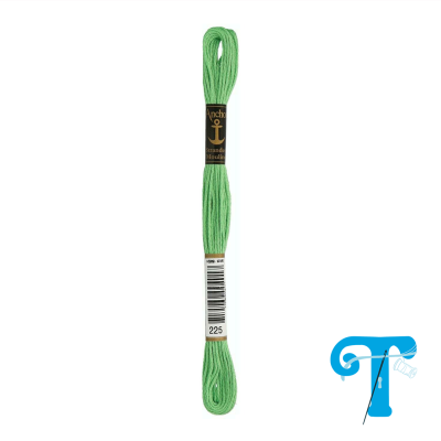 Novelo de fio de bordado verde com etiquetas pretas e brancas, código 225, sobre fundo branco.