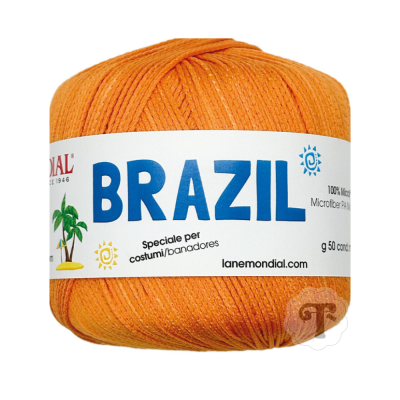 Novelo de fio laranja com etiqueta BRAZIL