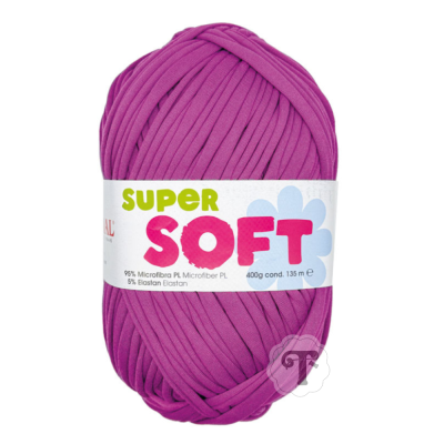 Novelo de fio grosso roxo com etiqueta branca e texto colorido Super Soft