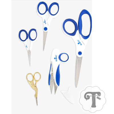 conjunto de cinco tesouras com cabos brancos e azuis e uma dourada decorativa