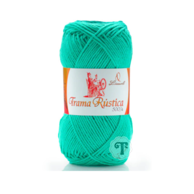 Novelo de fio turquesa com etiqueta 'Trama Rústica 500/4'