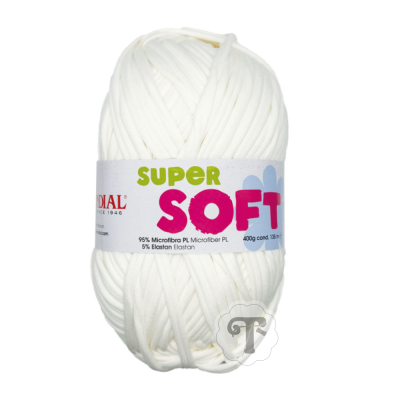Novelo de fio branco Super Soft com etiqueta branca