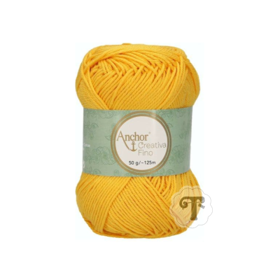 Novelo de lã amarelo com rótulo cinzento e verde claro