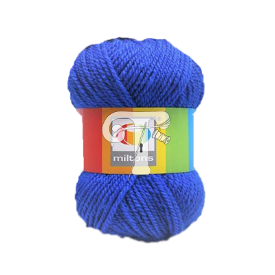 Skein de fio de lã azul com etiqueta colorida Miltons