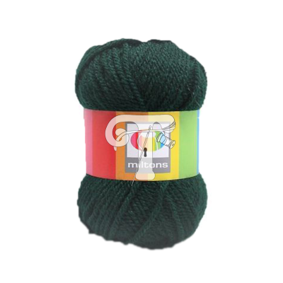 Novelo de lã verde escuro com etiqueta colorida e texto miltons