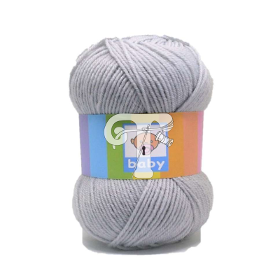 Novelo de lã cinzenta clara com etiqueta colorida 'baby'
