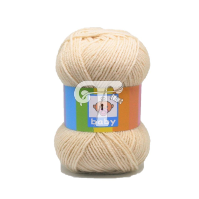 Novelo de lã creme com etiqueta colorida e logótipo de bebé