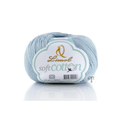 Novelo de fio azul claro Lissol soft cotton com rótulo branco