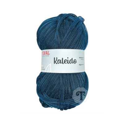 Novelo de fio azul escuro com etiqueta 'Kaleido' e 'MUNDIAL'