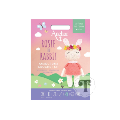 Embalagem do kit de crochê Anchor Rosie the Rabbit Amigurumi com ilustrações e texto