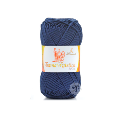 Novelo de fio azul escuro com etiqueta Trama Rústica