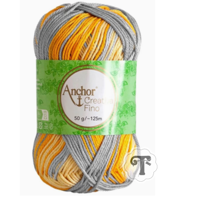 Novelo de lã multicolor Anchor Creativa Fino amarelo, cinza e bege com rótulo verde
