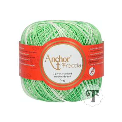 Rolo de linha para crochet verde claro e branco com etiqueta vermelha Anchor Freccia