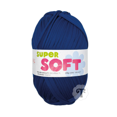 Novelo de fio azul escuro com etiqueta branca e texto SUPER SOFT
