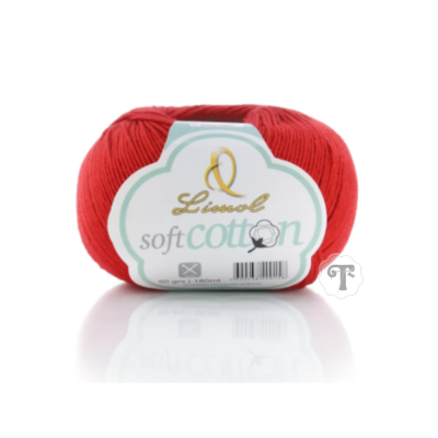 Novelo de lã vermelho com etiqueta branca e verde 'Lincol soft cotton'