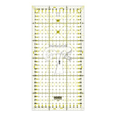 Régua transparente com medidas em centímetros e marcações a amarelo e preto