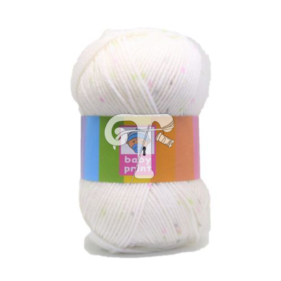 Novelo de lã branco com manchas coloridas e etiqueta colorida