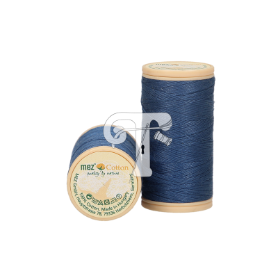 Dois rolos de linha de costura azul escuro com rótulo visível, fundo branco