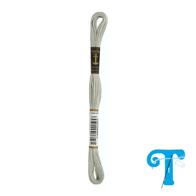 Skein of light grey Anchor mouline embroidery thread with labels and barcode.