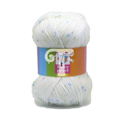 Novelo de lã branco com pontos coloridos e etiqueta Baby Print