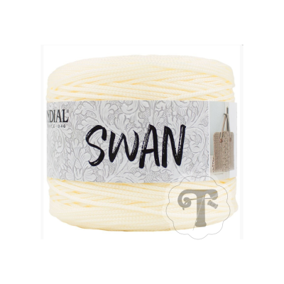 Rolo de fio de algodão creme claro com etiqueta branca e nome SWAN