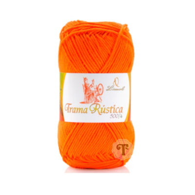 Fio laranja com etiqueta branca escrita Trama Rústica