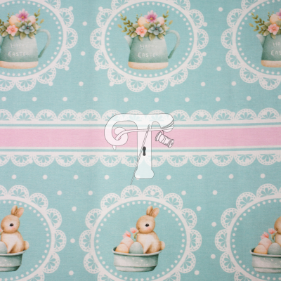 Tecido azul claro com padrão de coelhos, flores e texto 'HAPPY EASTER'