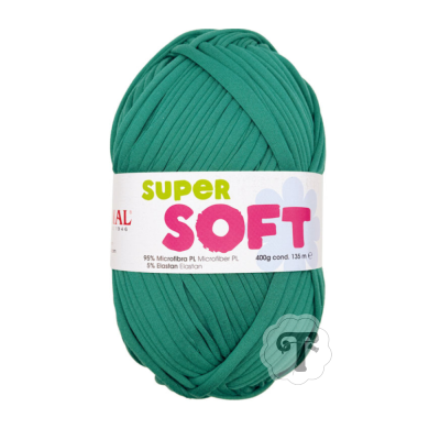 Novelo de fio verde grosso com etiqueta SUPER SOFT
