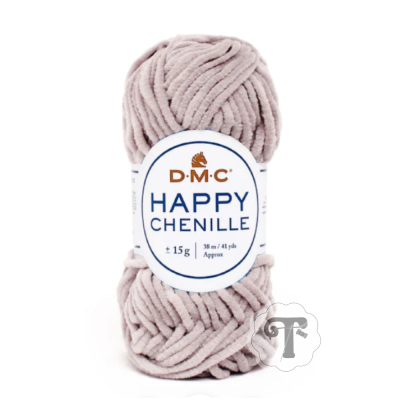 Novelo de lã chenille cor bege claro da DMC com etiqueta 'HAPPY CHENILLE' e especificações de peso e comprimento