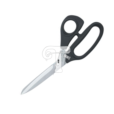 Tesoura metálica com pegas pretas e orifícios para os dedos