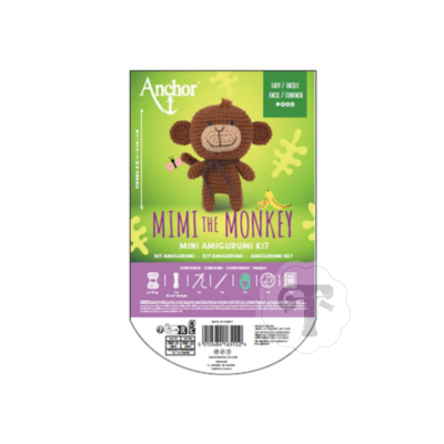 kit amigurumi Mimi The Monkey com macaco castanho de crochê numa embalagem verde e roxa