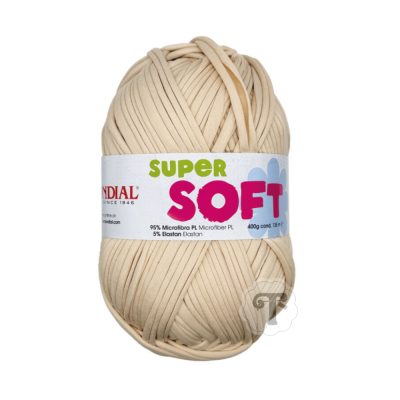 Novelo de fio têxtil grosso bege claro com etiqueta branca e texto colorido