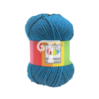 Novelo de lã azul turquesa com etiqueta colorida da marca Miltons