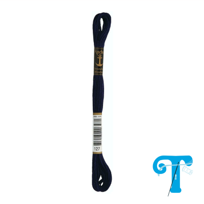 Ata de bordar azul escuro Anchor com rótulo e código de barras