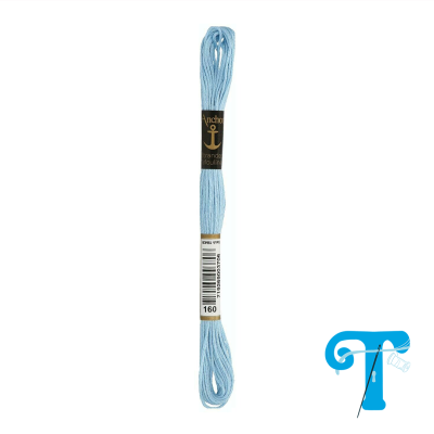 Skein of light blue embroidery thread with black labels and barcode